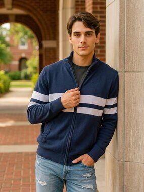 Amazon Essentials Mens L Cotton Zip Sweater Navy White Stripe Pristine Coastal